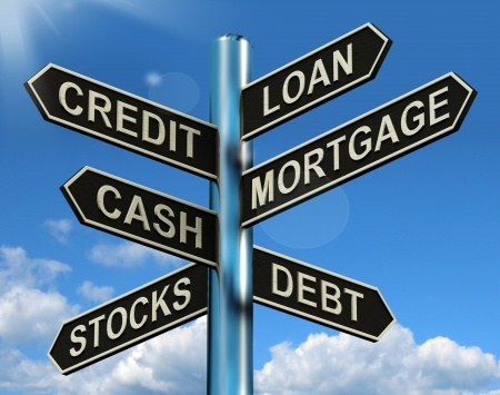  credit loan mortgage signpost shows borrowing finance and debt